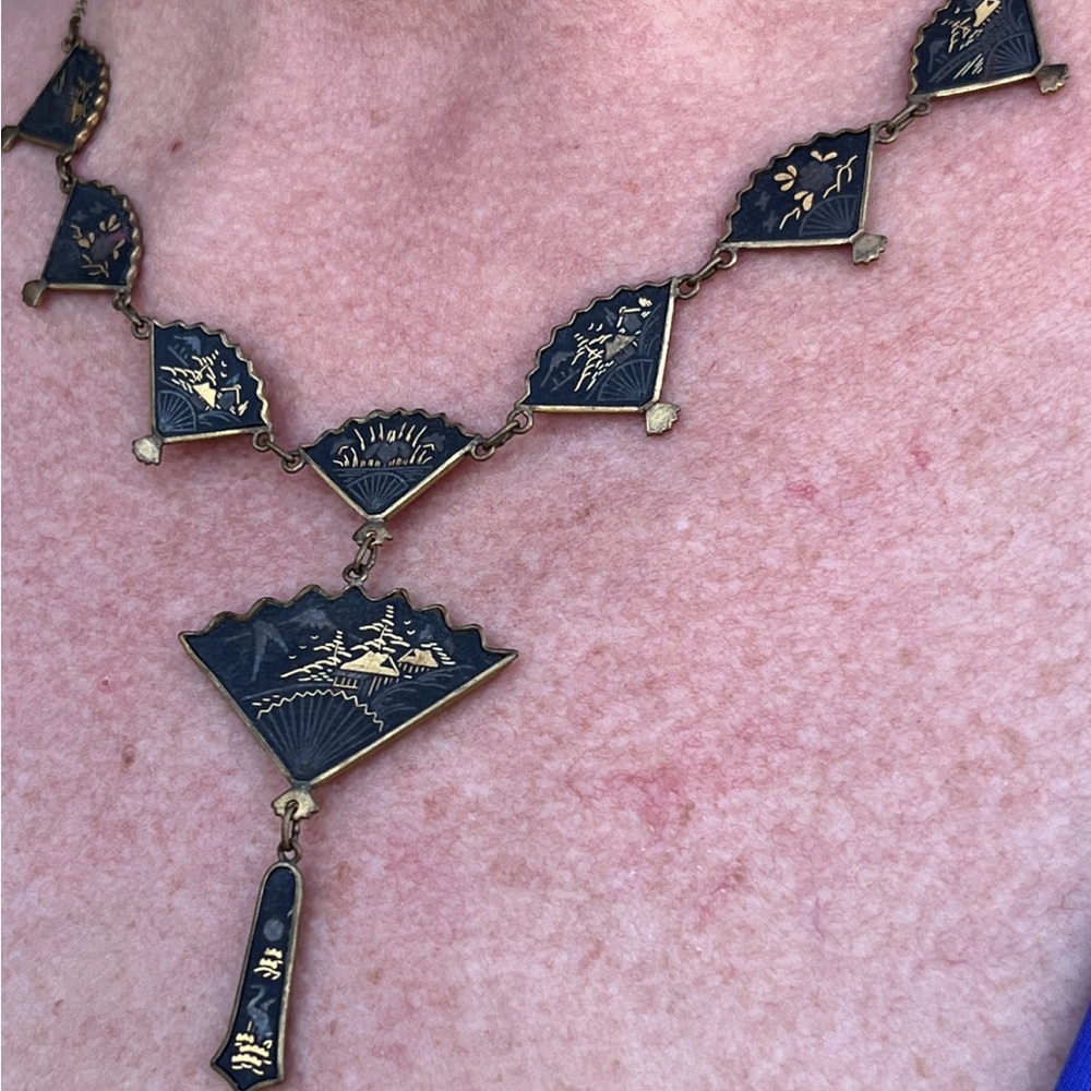 Vintage 1940’s Japanese Damascene Fan Necklace 24K